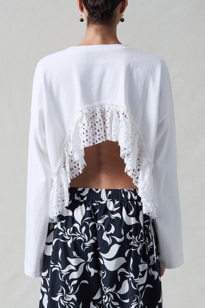 Laser Cut High Low Long Sleeve Tee White