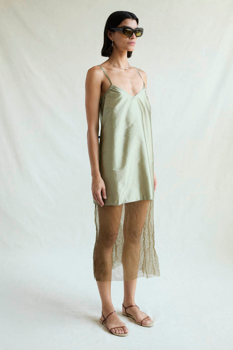 Techno Taffeta Mesh Dress Sage