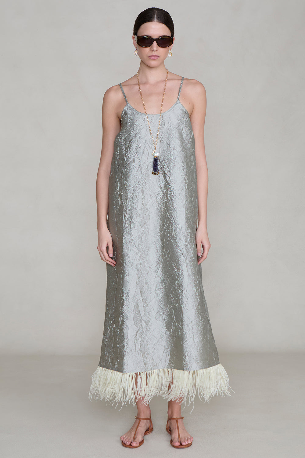 Crinkle Techno Taffeta Feather Dress Limestone