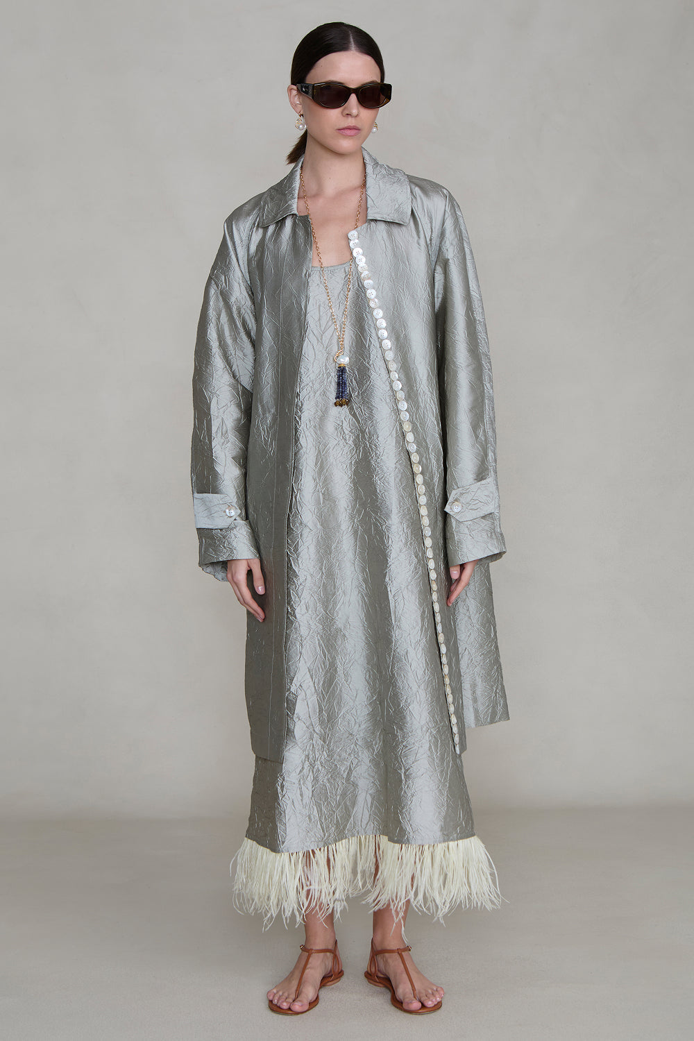 Crinkle Techno Taffeta Feather Dress Limestone
