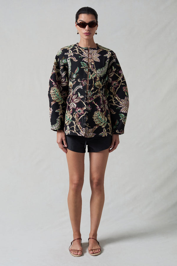 Pinch Waist Cardigan Black Jacquard