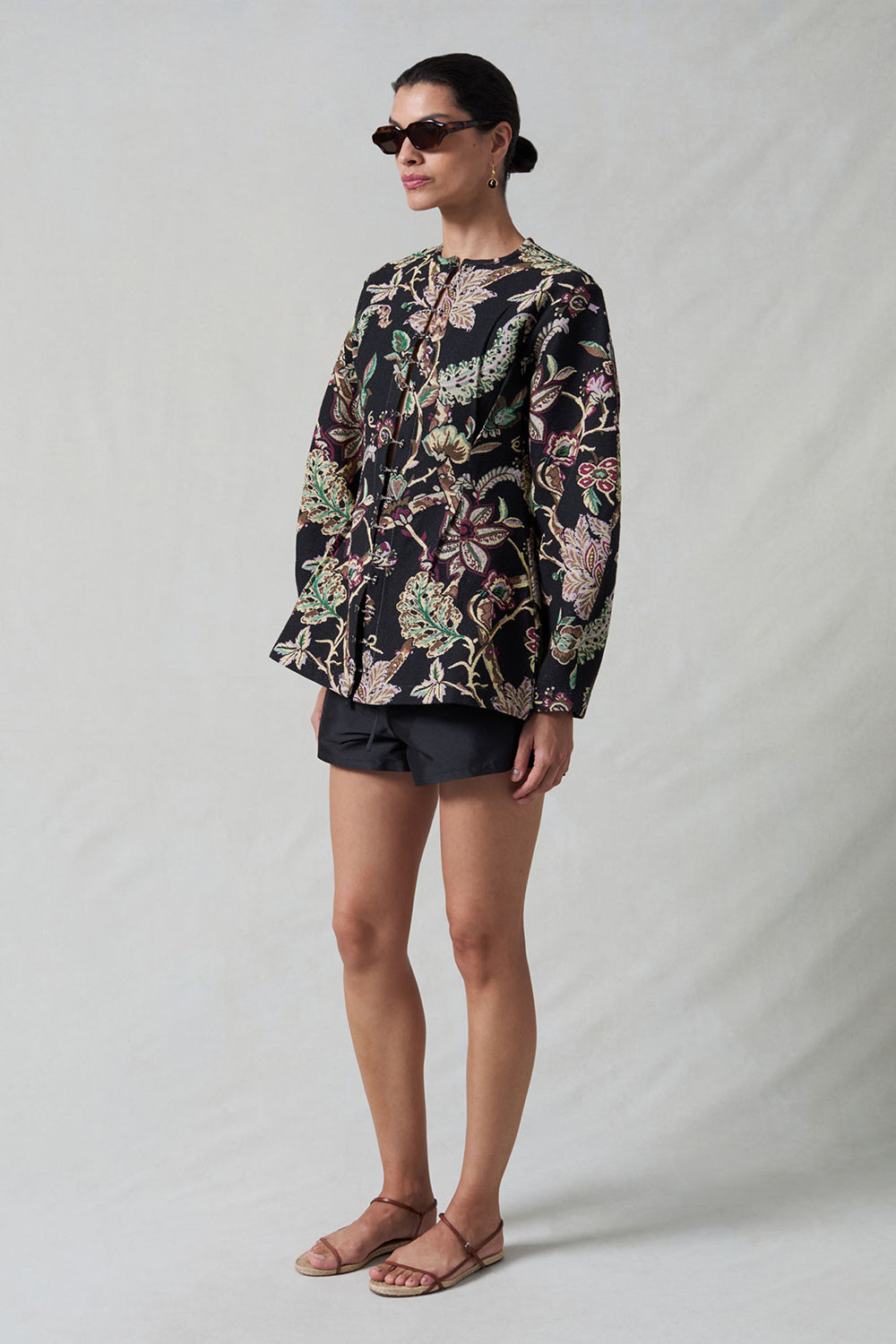 Pinch Waist Cardigan Black Jacquard