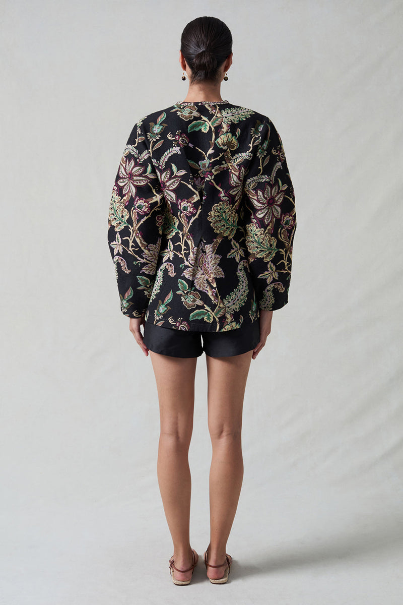 Pinch Waist Cardigan Black Jacquard
