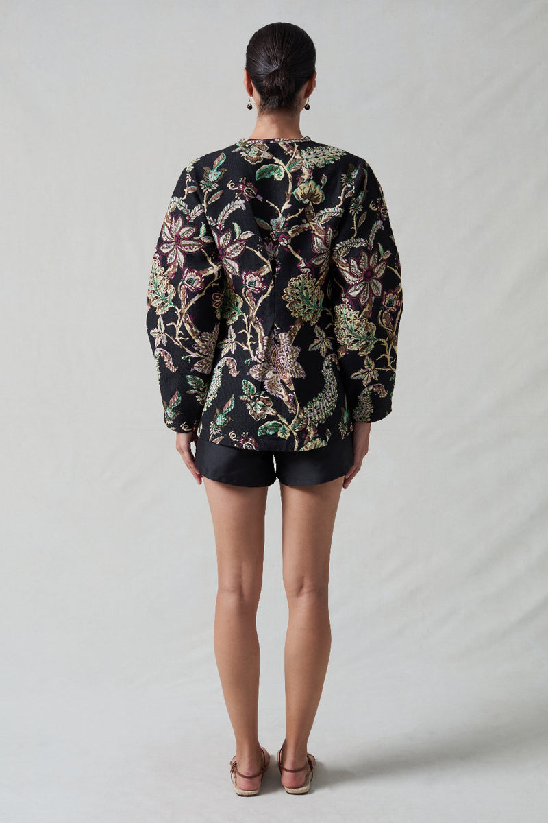 Pinch Waist Cardigan Black Jacquard