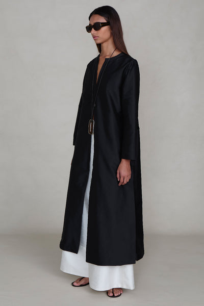 Techno Taffeta Collarless Coat Black