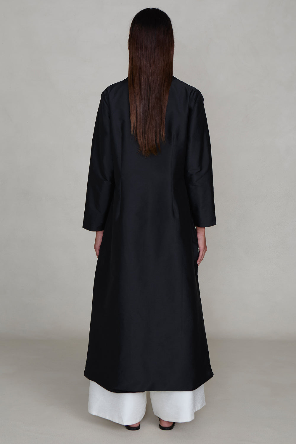 Techno Taffeta Collarless Coat Black