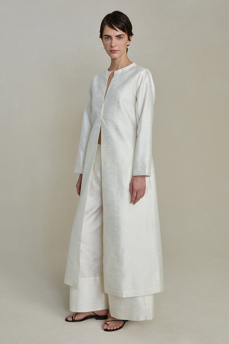 Dupioni Collarless Coat White