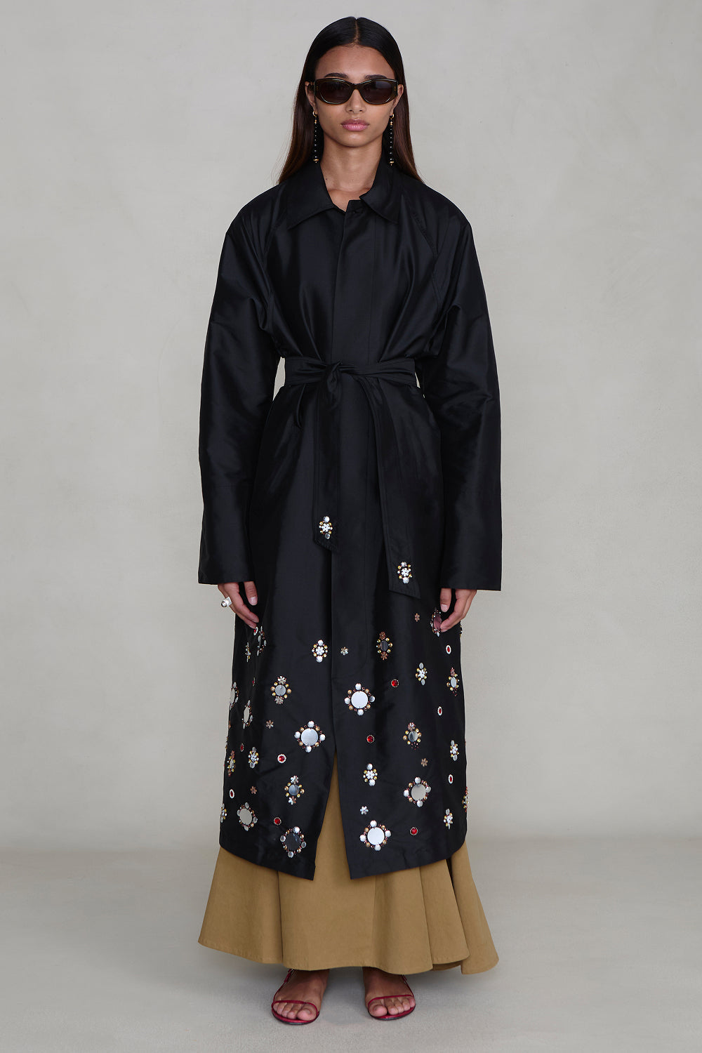 Techno Taffeta Sequin Trench Coat Black