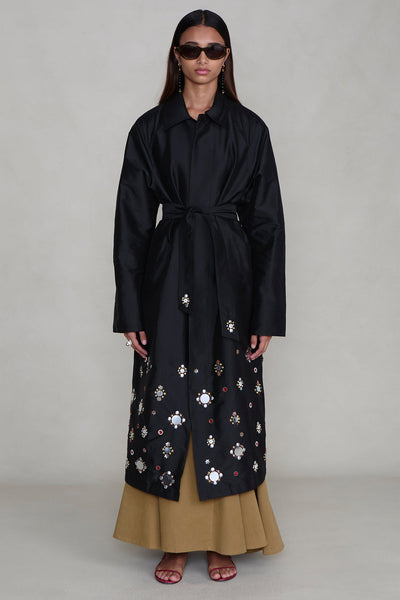Techno Taffeta Sequin Trench Coat Black