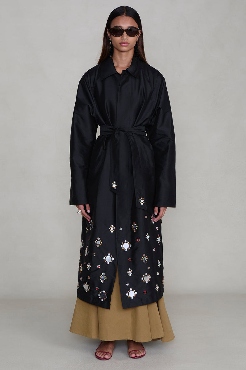 Techno Taffeta Sequin Trench Coat Black
