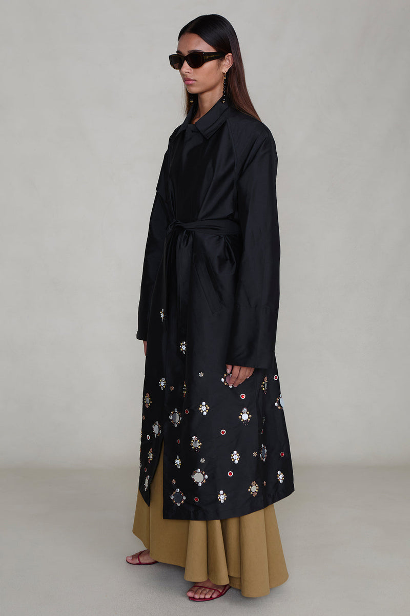 Techno Taffeta Sequin Trench Coat Black
