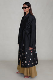 Techno Taffeta Sequin Trench Coat Black