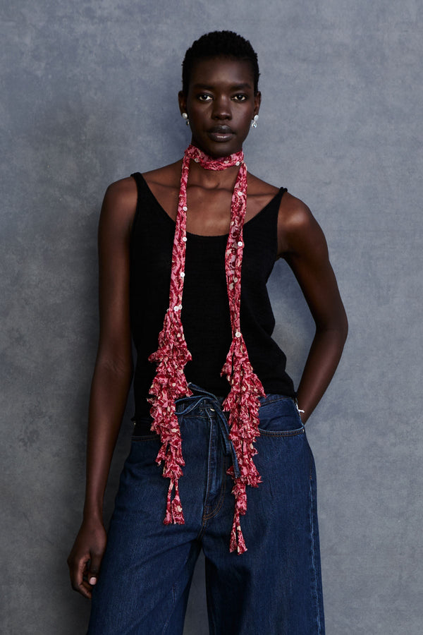 Fringe Skinny Scarf Pink Floral