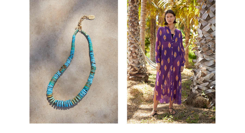 Editorial spread of a turquoise necklace. On the opposite side is a women wearing a long purple shirtdress.