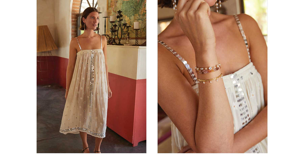 Editorial spread of a woman wearing a flowy white dress detailed with sequin. On the opposite side is a close up of a bracelet stack.
