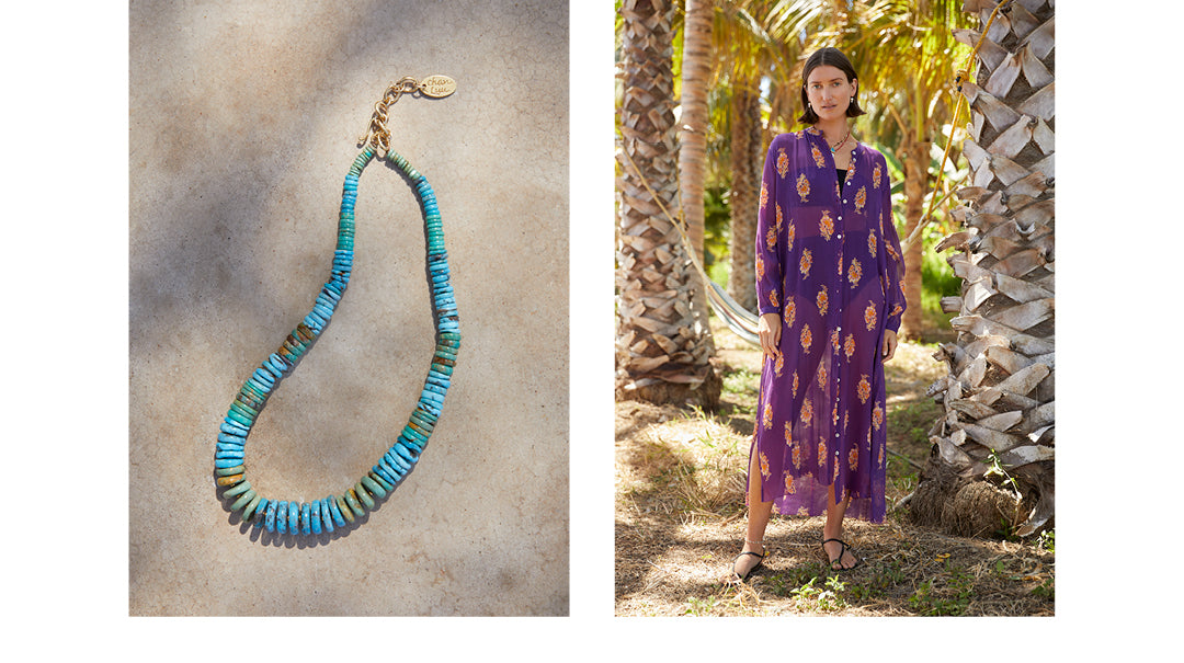 Editorial spread of a turquoise necklace. On the opposite side is a women wearing a long purple shirtdress.