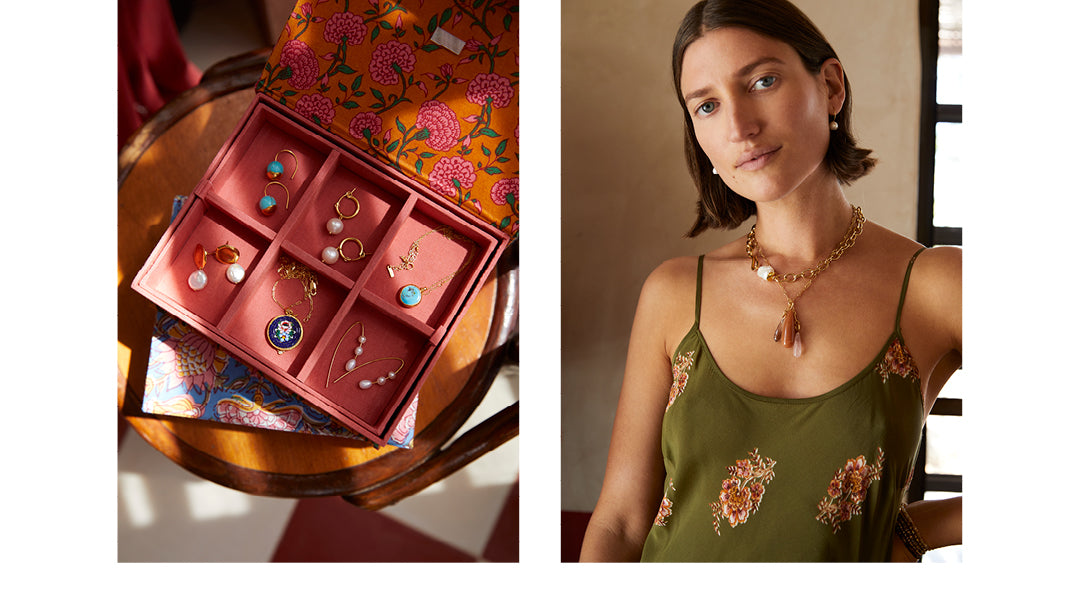 Editorial spread of a jewelry box with best selling earrings and necklaces. On the opposite side is a woman wearing a green slip dress and charm heavy necklaces.