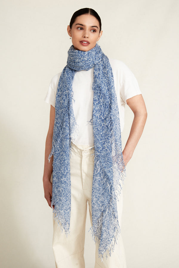 Chambray Hibiscus Print Cashmere and Silk Scarf