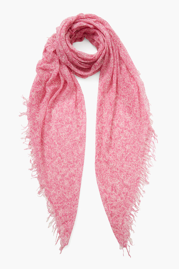 Pink Hibiscus Floral Print Cashmere and Silk Scarf
