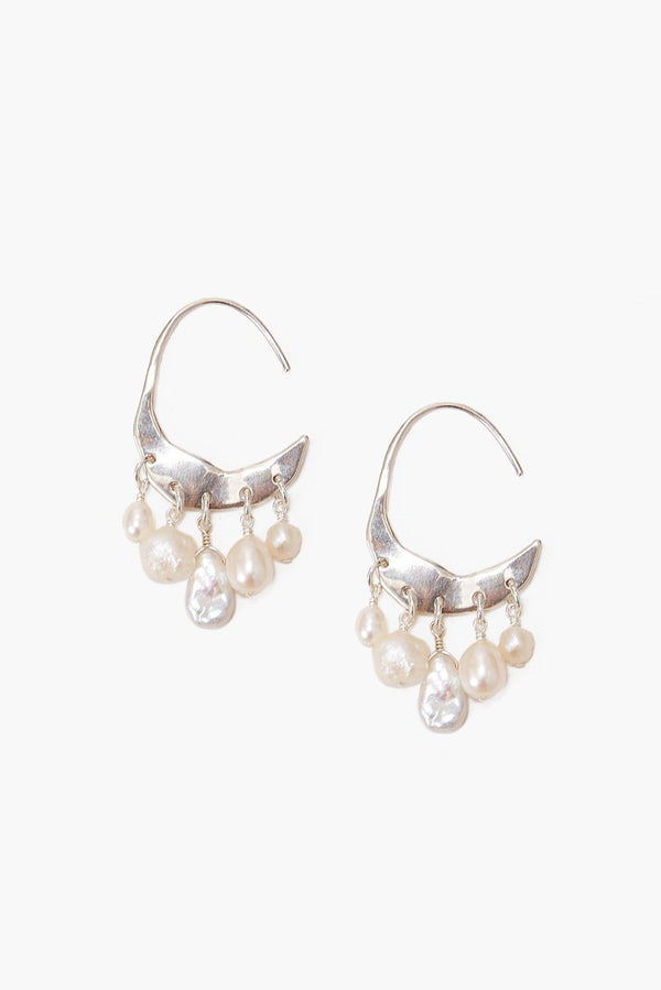 Petite Crescent White Pearl and Silver Hoop Earrings