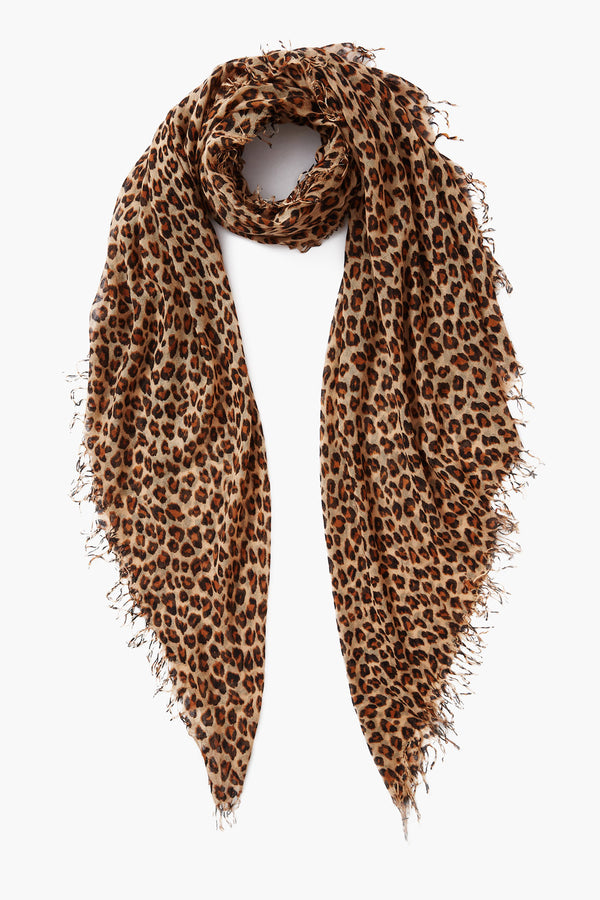 Roasted Pecan Leopard Print Cashmere and Silk Scarf