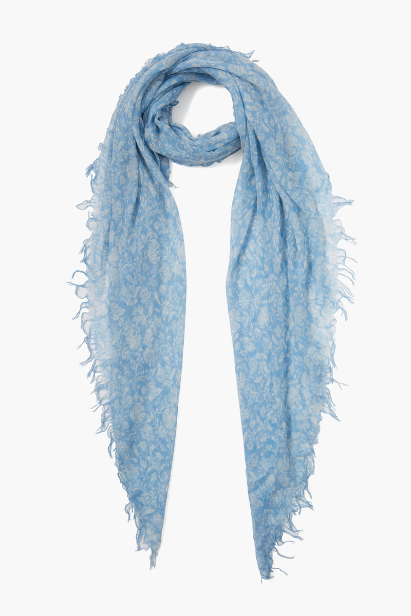 Baby Blue Dahlia Floral Cashmere and Silk Scarf