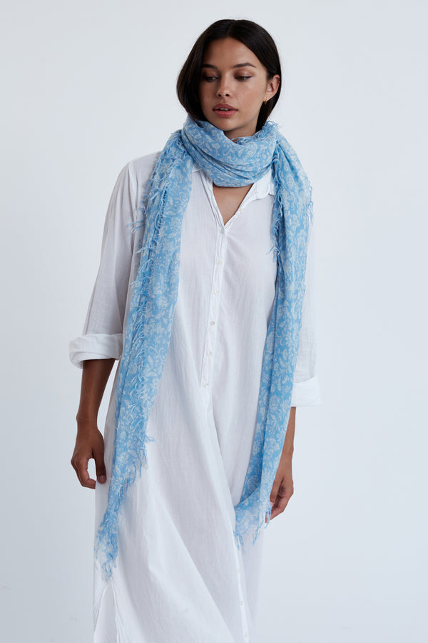 Baby Blue Dahlia Floral Cashmere and Silk Scarf