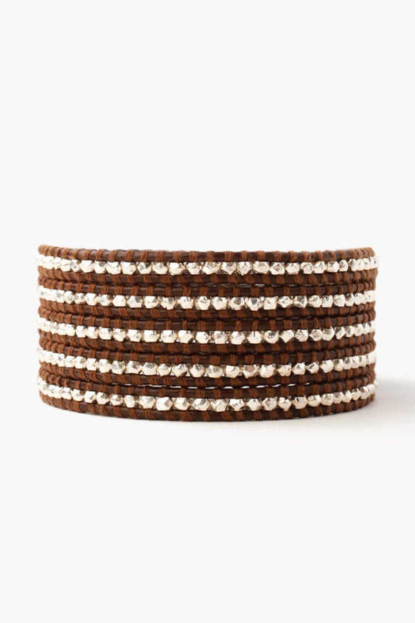 Mixed Metal Stacked Crystal Leather Wrap Silver Bracelet