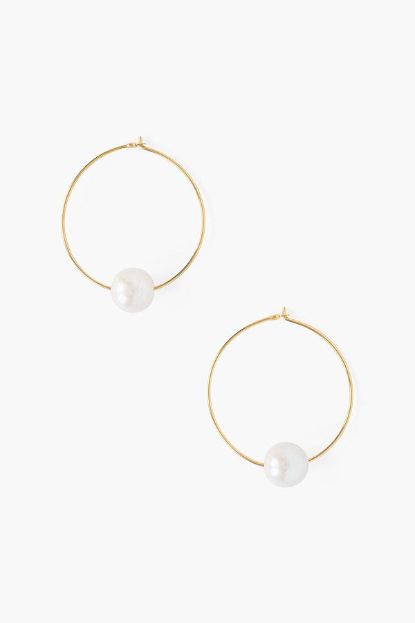 White Floating Pearl Gold Hoop Earrings