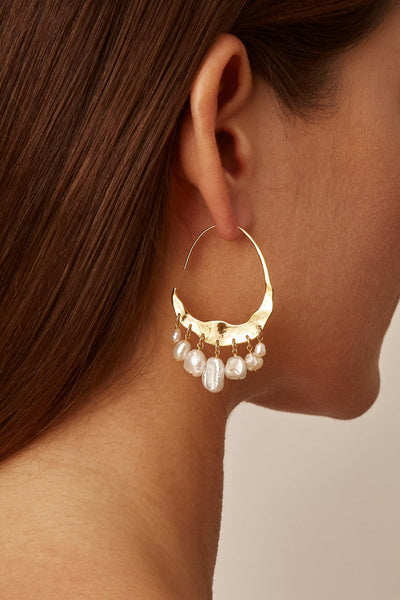 Crescent White Pearl and Gold Hoop Earrings