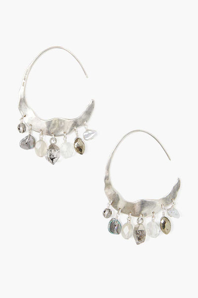 Crescent Grey Pearl and Herkimer Mix Silver Hoop Earrings