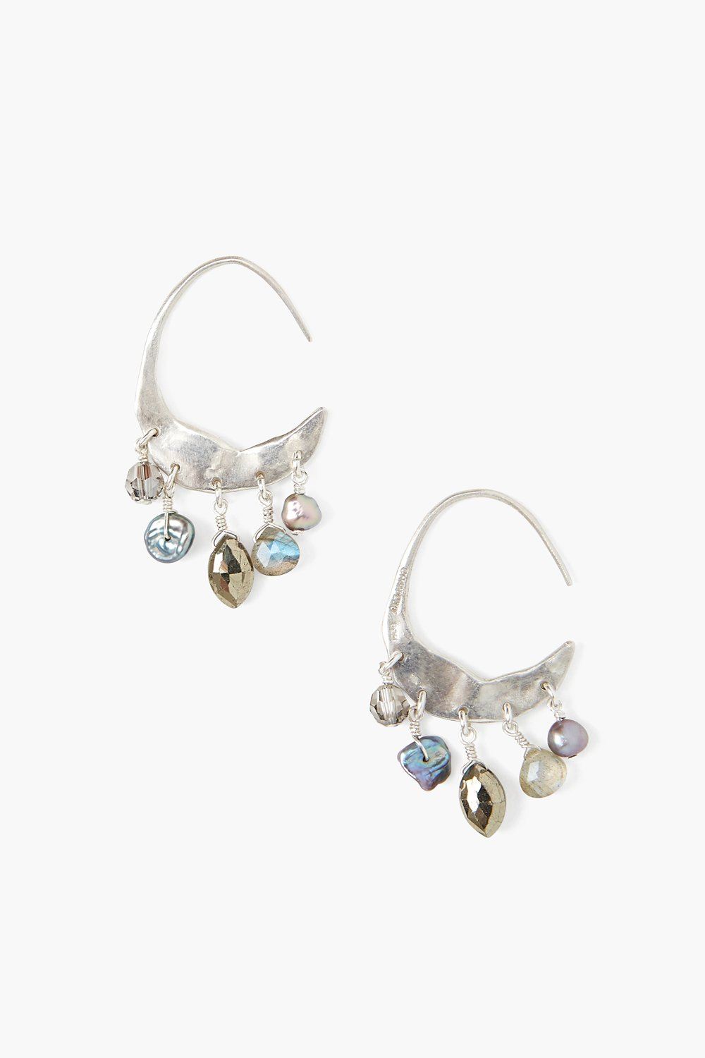 Chan Luu Petite Crescent Grey Pearl and Labradorite Mix Silver Hoop Earrings