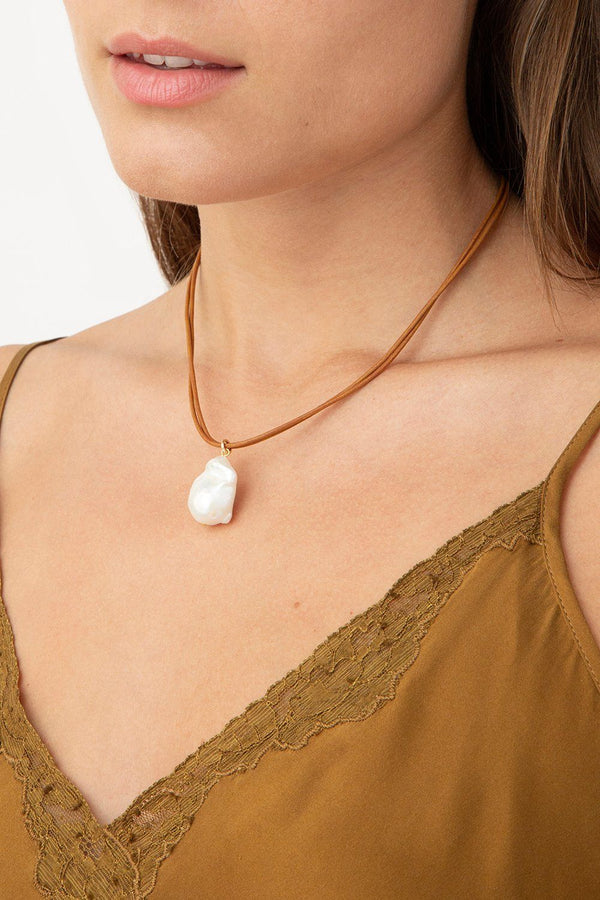 White Baroque Pearl on Leather Cord Necklace