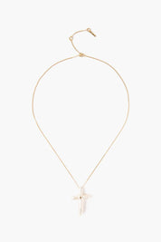 14k White Baroque Pearl Cross and Champagne Diamond Necklace