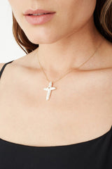 14k White Baroque Pearl Cross and Champagne Diamond Necklace