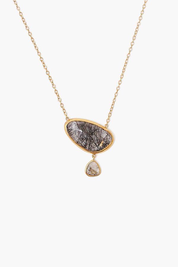 14k Black Tourmalated Quartz Diamond Drop Gold Cliff Necklace