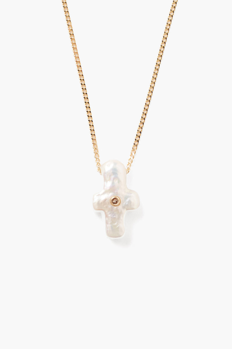 14k Gold & Pearl Playa Cross Necklace