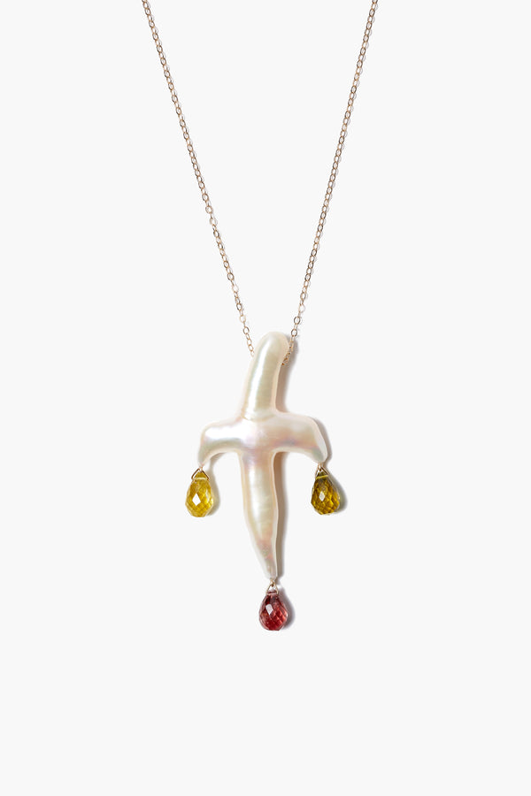 14k Garnet Mix Biwa Pearl Cross Necklace