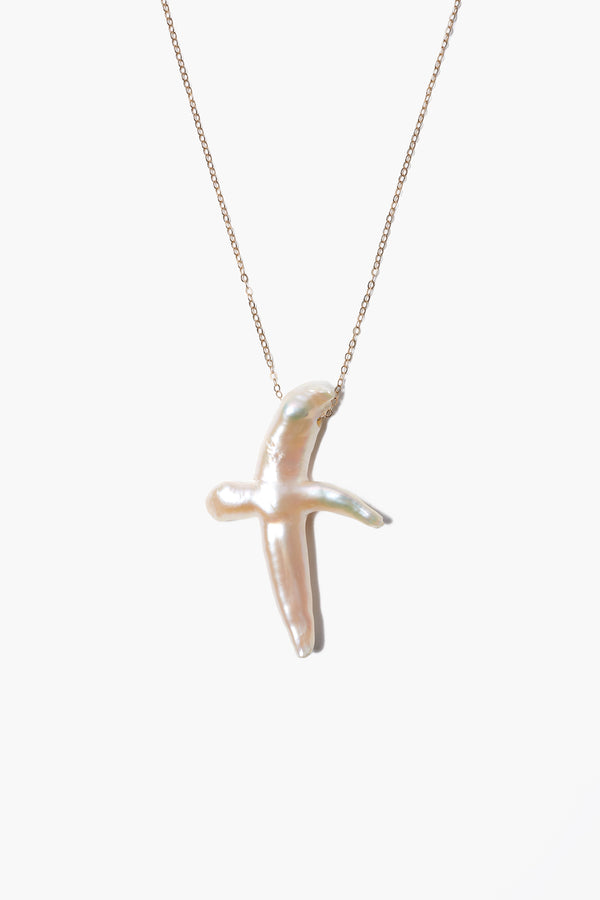 14k Biwa Pearl Cross Necklace