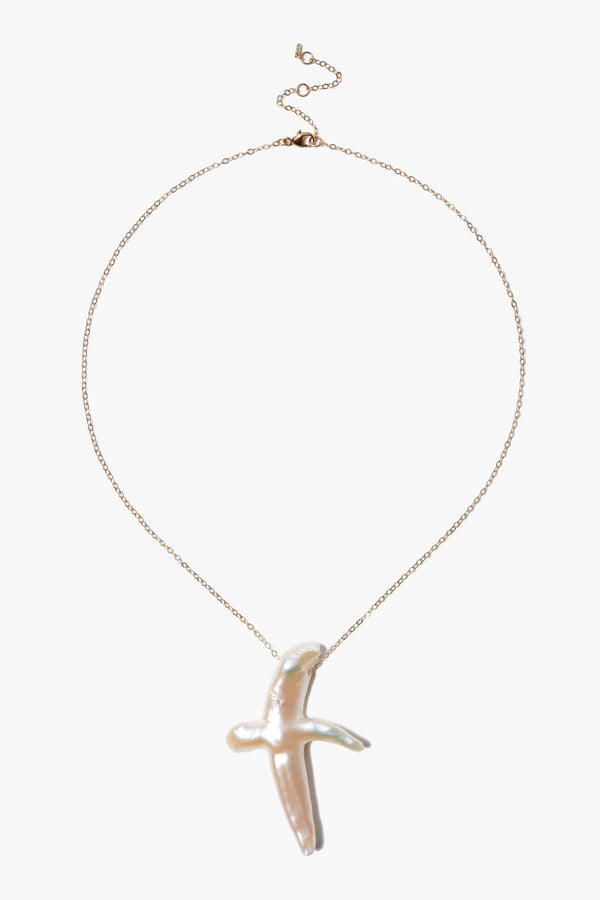 14k Biwa Pearl Cross Necklace