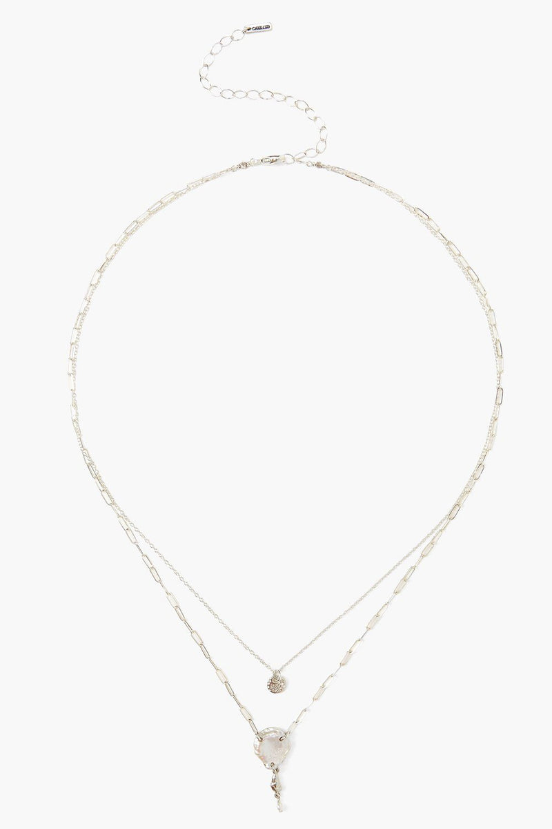 White Pearl Layered Silver Necklace