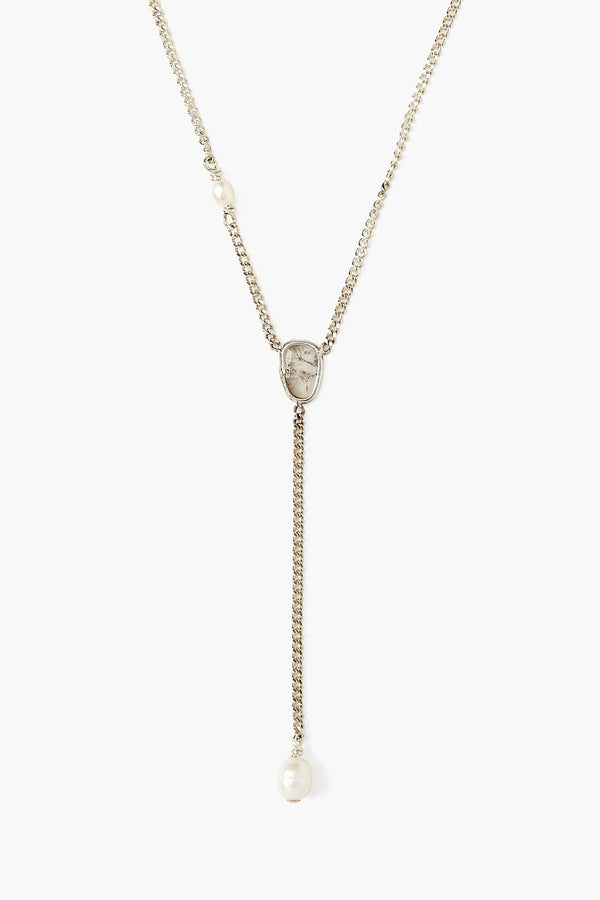 White Pearl and Diamond Silver Lariat Necklace