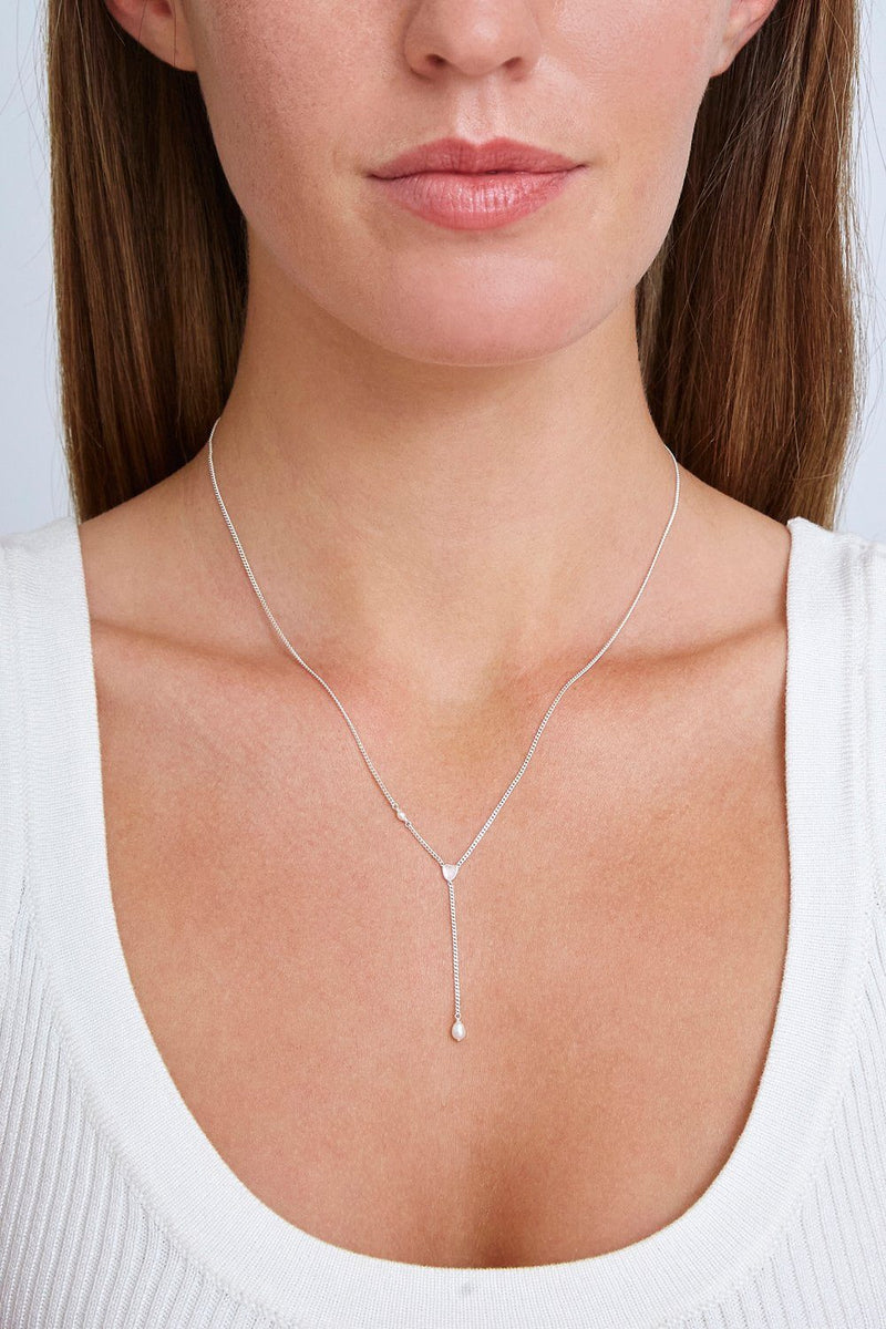 White Pearl and Diamond Silver Lariat Necklace