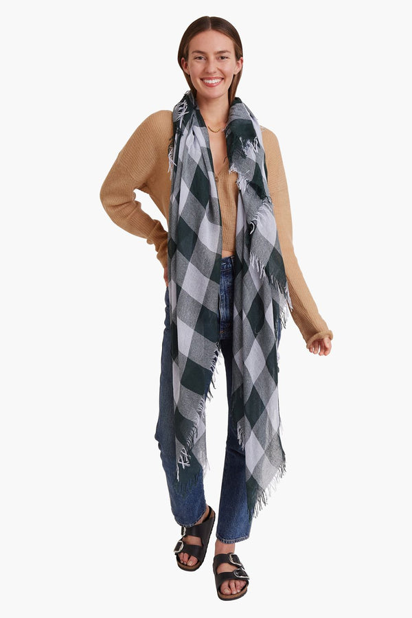 Slate Gray and Green Gingham Cashmere and Silk Scarf