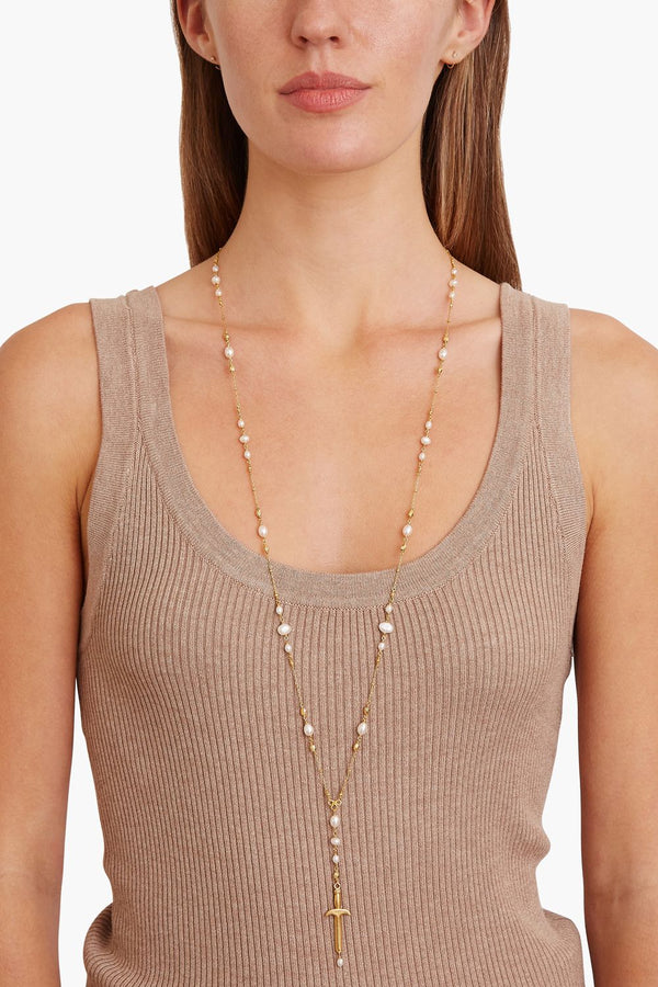 Gold Dagger and White Pearl Necklace