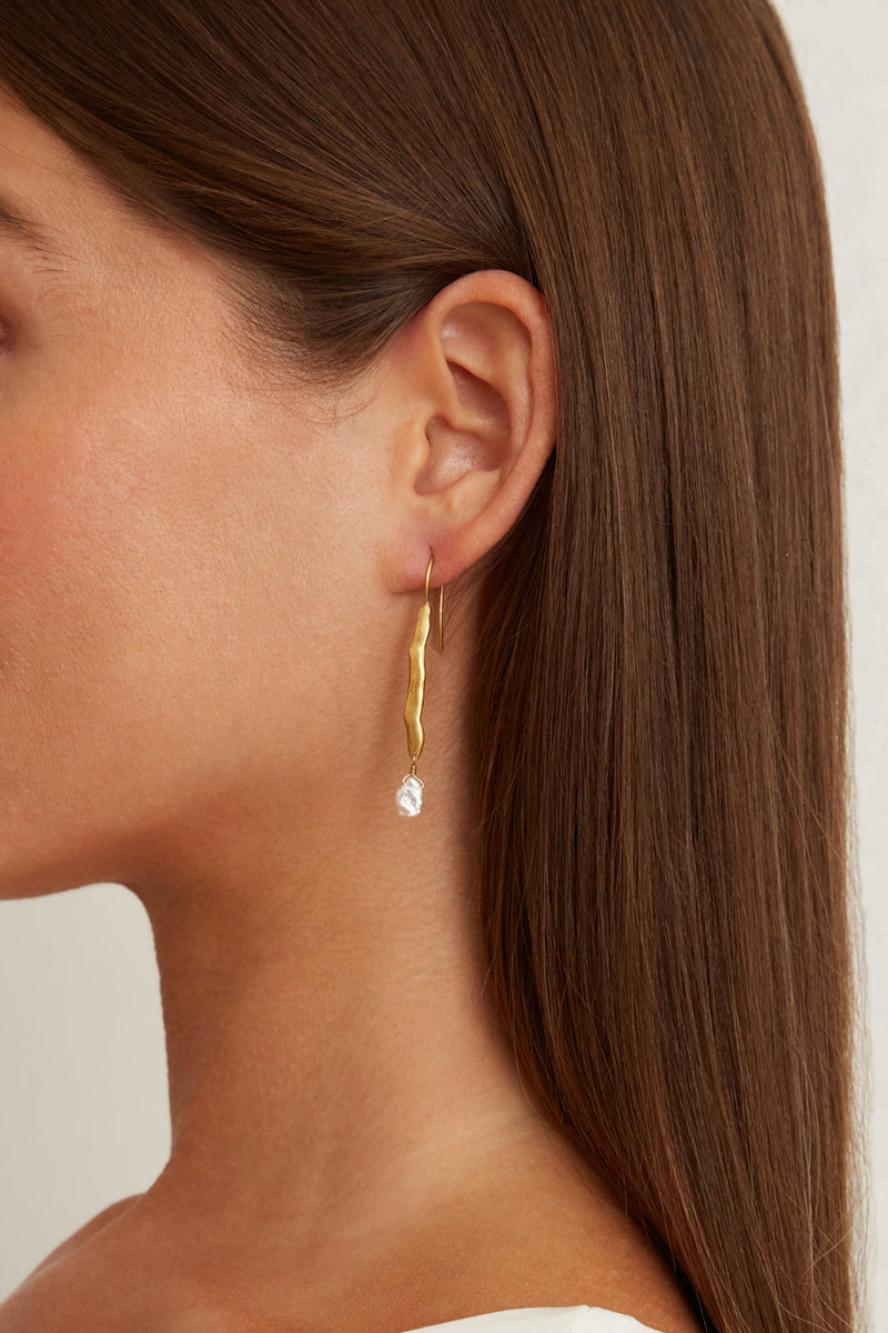 Gold Wave Pearl Drop Earrings