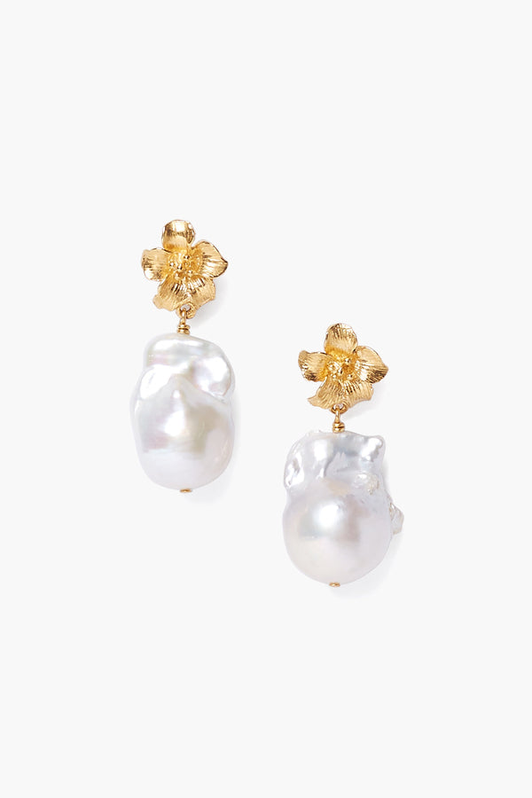 Gold Hibiscus Pearl Drop Earrings