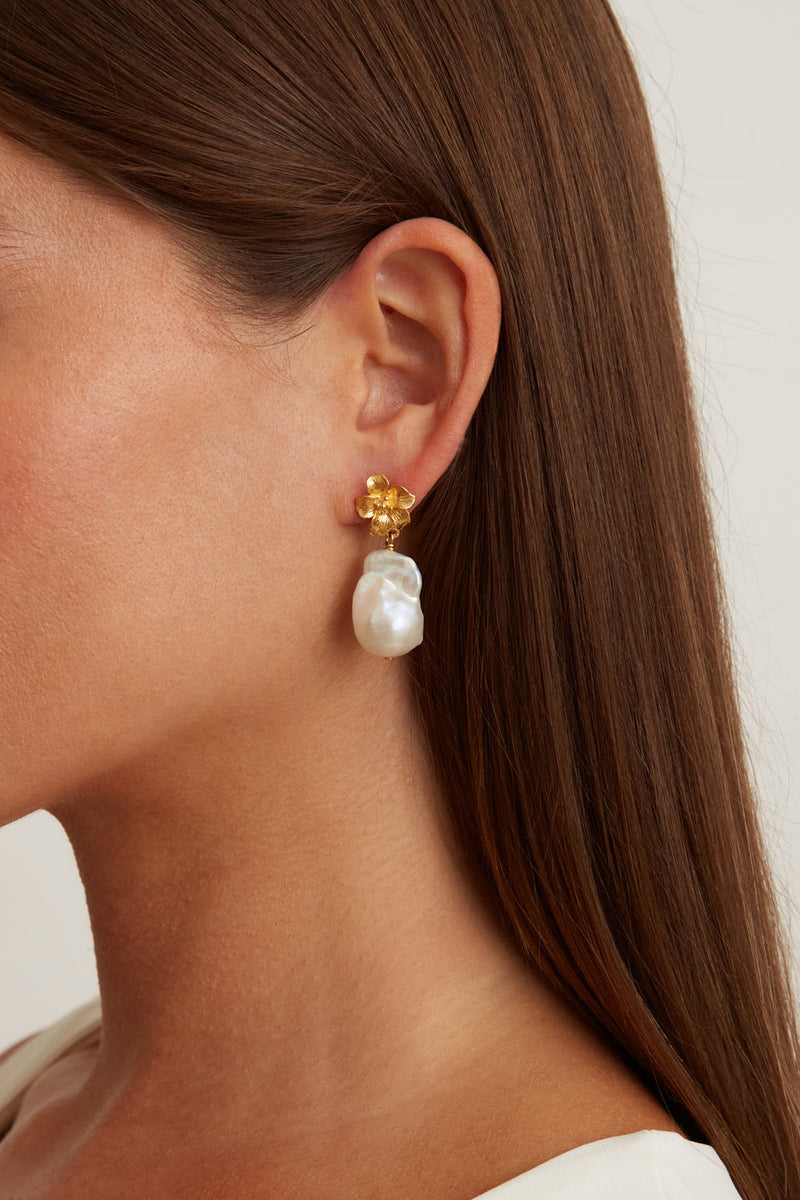 Gold Hibiscus Pearl Drop Earrings