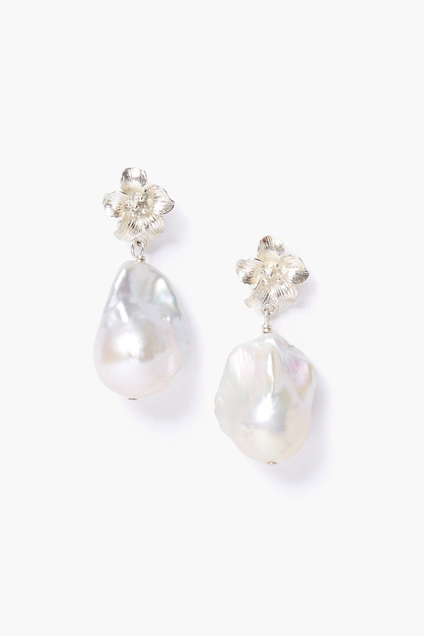 Silver Hibiscus Pearl Drop Earrings