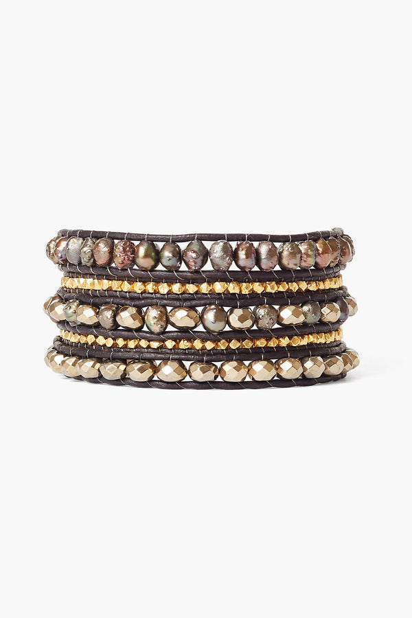 Pearl and Gold Wrap Bracelet Pyrite Mix